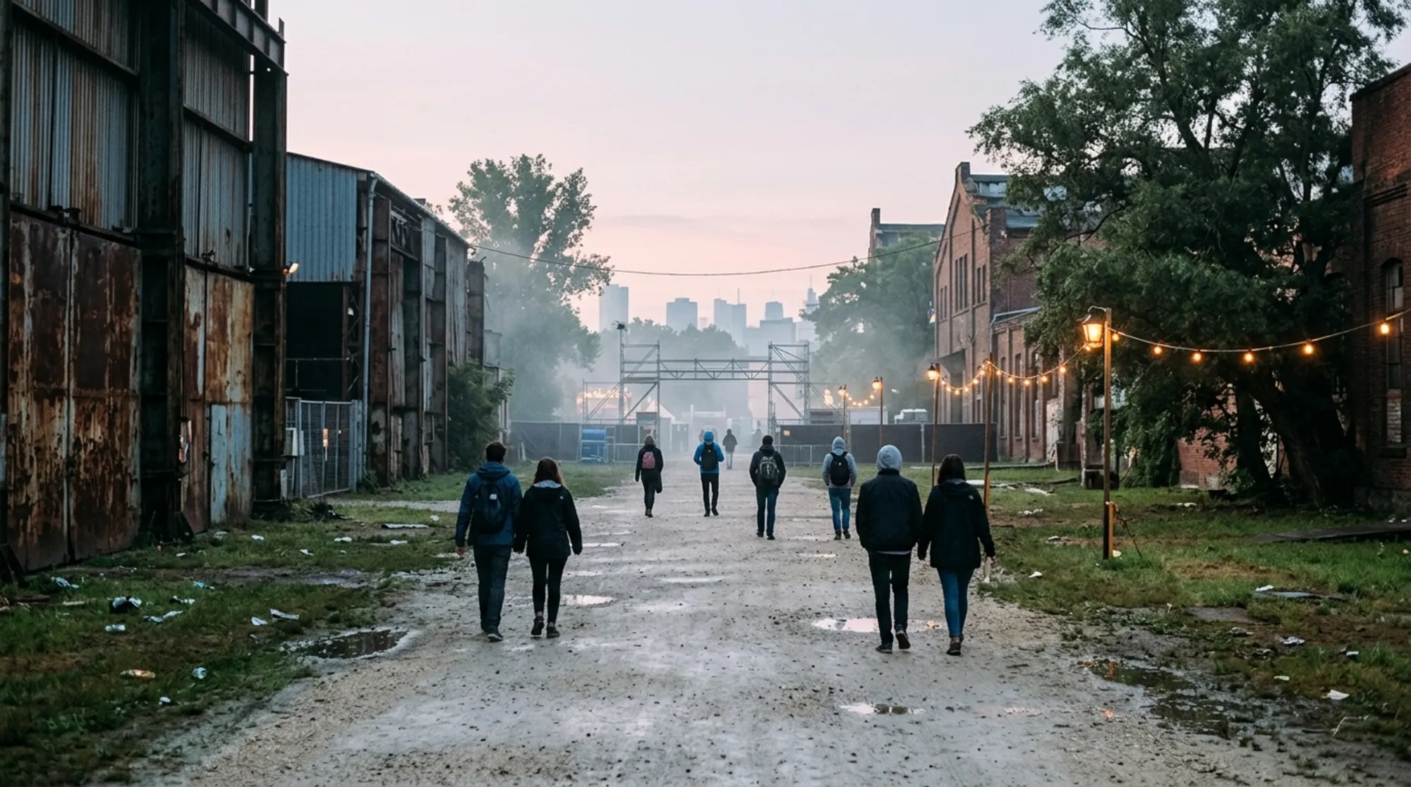 People leaving the venue at dawn along a path between steel walls.