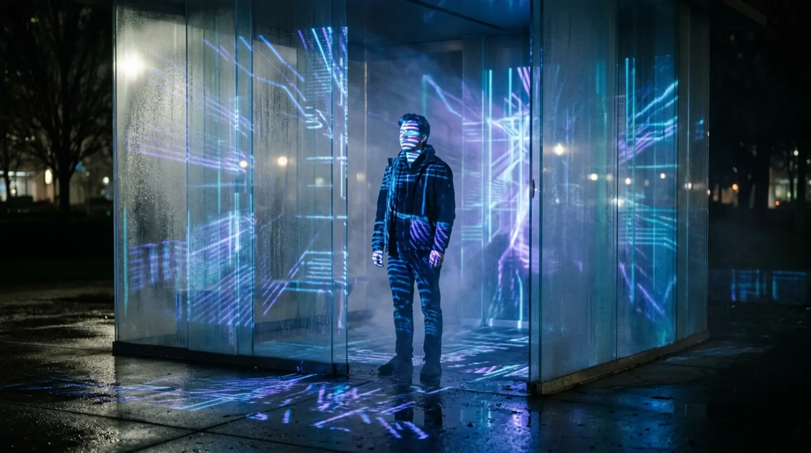 A person inside the glass pavilion with blue projections.
