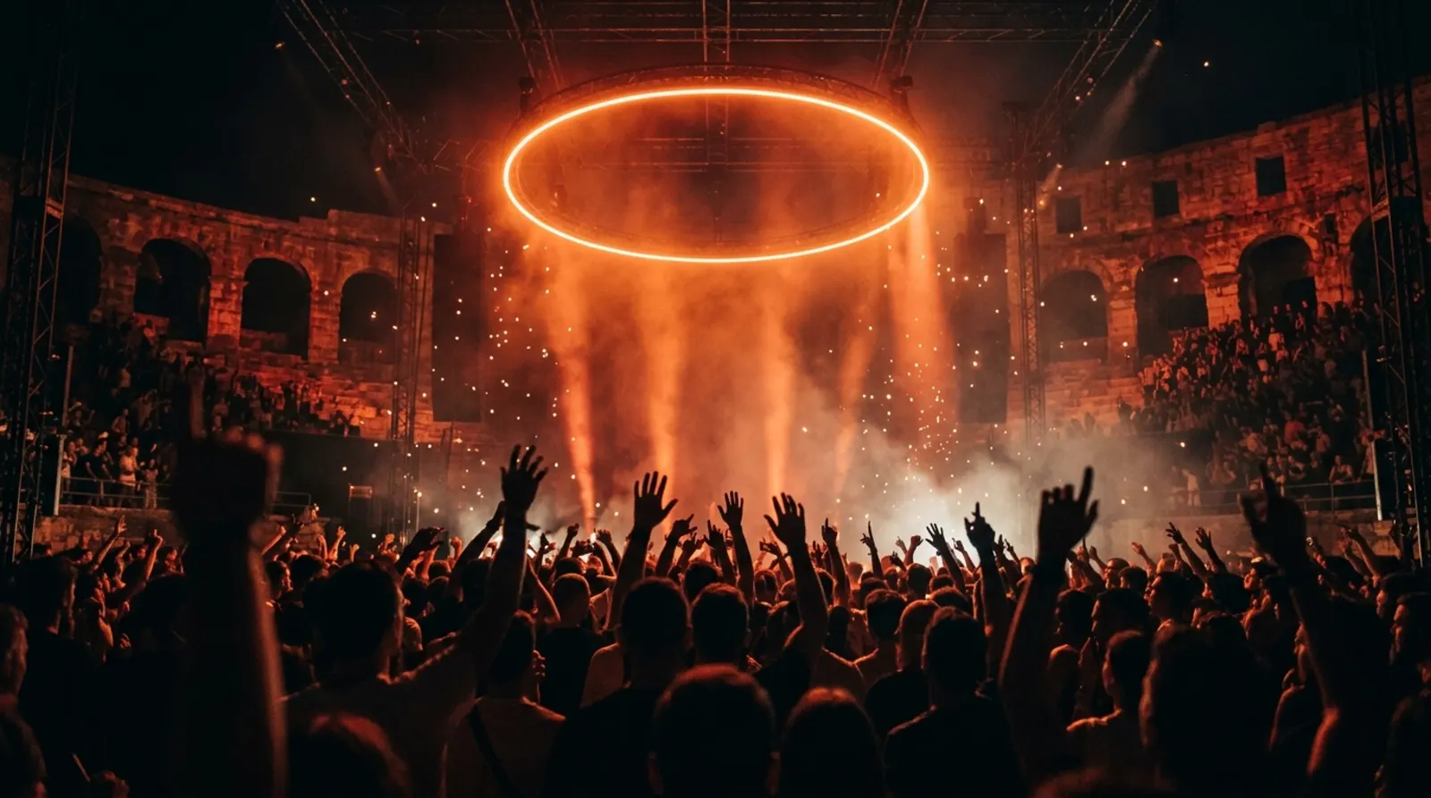 Raised hands beneath the orange ring of light.