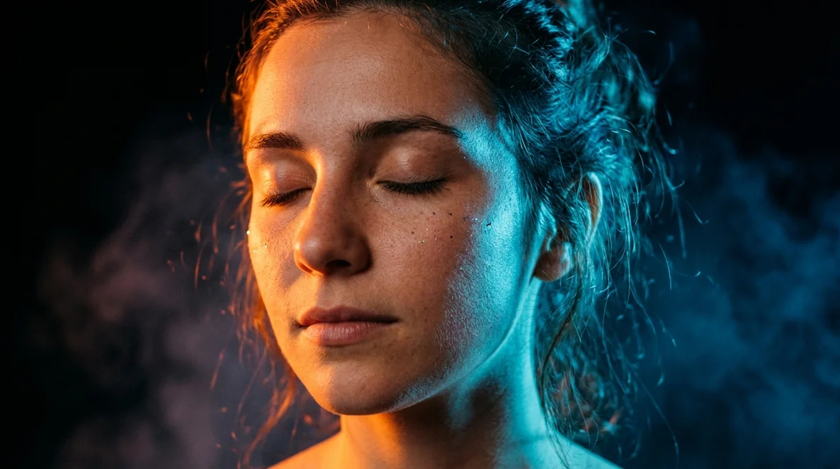 Portrait of a person with closed eyes, lit in orange and blue.